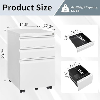 Guizeeopo 3 Drawer File Cabinet with Lock, File Cabinets for Home Office,Under Desk Cabinet, Locking File Cabinet for A4/Letter/Legal, Fully Assembled Expect Casters, Matte White - color: 01-a White