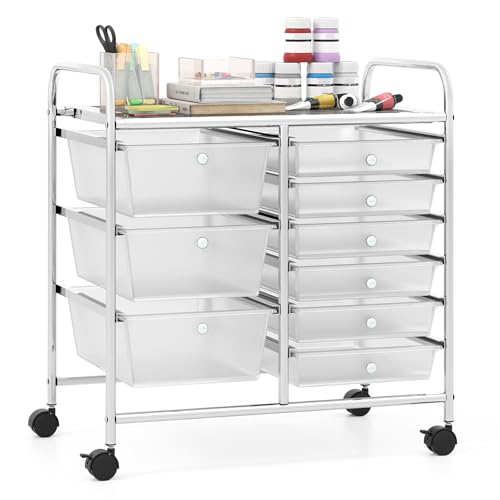 Giantex 9 Drawers Rolling Cart, Classroom Organizers, Storage Cart with Wheels, for Teacher Office Home School Supplies Tool Craft Art Paper, Clear - color: Clear, size: 9 Drawers (3 Big +6 Small)