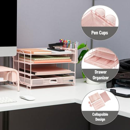 Mind Reader Mesh Desk Organizer, 3 Trays, 1 Drawer, 2 Pen Holders, Office Desktop Organizer, Metal Mesh, Pink - color: Pink