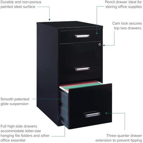 Scranton & Co 27.32" H x 18" D 3-Drawer Modern Metal Filing Cabinet with Pencil-Drawer, High-Sides, Letter Size, Patented Glide Suspension, for Small Office/Home Office, in Black - color: Black