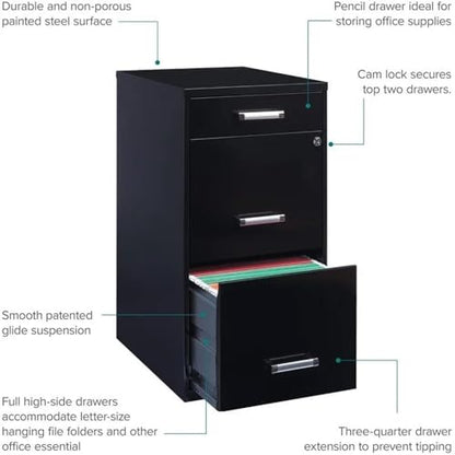 Scranton & Co 27.32" H x 18" D 3-Drawer Modern Metal Filing Cabinet with Pencil-Drawer, High-Sides, Letter Size, Patented Glide Suspension, for Small Office/Home Office, in Black - color: Black