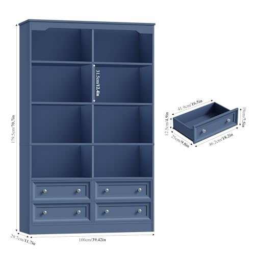 71" Tall Bookshelf with 4 Drawers Large Bookshelf Office Bookcase | 6-Tier Double Wide Bookshelves and Bookcases with Storage, Tall Bookshelf Standing Book Cabinet for Home Office, Blue - color: Blue