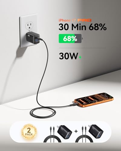 INIU Mini USB C Charger, 30W GaN Fast Charging ETL Certified Wall Adapter Block with Samrt Phone Protection, Dual Port with 5ft Type C Cable for iPhone 17 iPad Samsung Google Switch etc [2-Pack Blue] - color: Blue, size: 2 Packs + 2 Cables