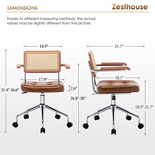 Zesthouse Leather Office Desk Chair with Wheels, Mid Century Rolling Desk Chair with Wood Arm & Natural Rattan Back, Modern Swivel Home Office Chair, Small Height Adjustable Computer Task Chair, Brown - color: Brown, size: Armrest