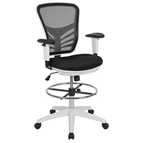EMMA + OLIVER White Mid-Back Mesh Drafting Chair | Adjustable Foot Ring, 360° Swivel, Height Adjustable, Commercial Grade - color: Black Mesh/White Frame