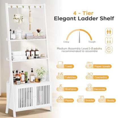 Ladder Shelf with Drawers, Bookshelf 4-Tier Bamboo Bookcase with 6 Hooks - color: 4-tier White