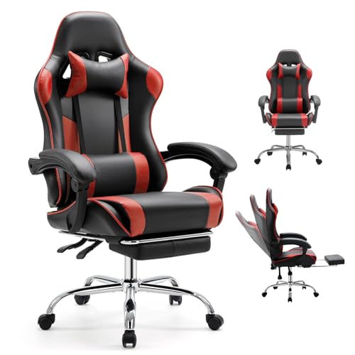 DUMOS Ergonomic Gaming Chair with Footrest, Home Office Desk Chair | PU Leather, Headrest, Linkage Armrests, Height Adjustable, 360 Swivel Reclining, Black Red - color: Black Red, size: PU Leather 27"D x 25"W x 52"H