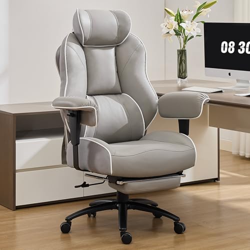 DJ·Wang Big and Tall Office Chair with Foot Rest, High Back Executive Office Chair PU Leather, Ergonomic Chairs with Lumbar Support, 135° Reclining Chairs with Thickened Spring Cushion Gray - color: Pu Gray
