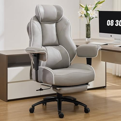 DJ·Wang Big and Tall Office Chair with Foot Rest, High Back Executive Office Chair PU Leather, Ergonomic Chairs with Lumbar Support, 135° Reclining Chairs with Thickened Spring Cushion Gray - color: Pu Gray