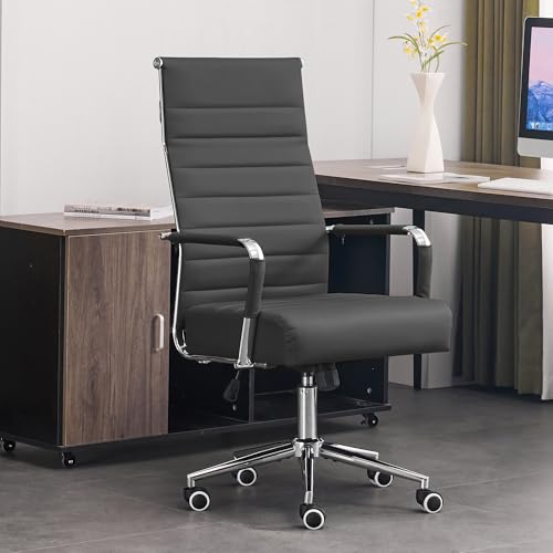 JOMEED Office Desk Chair,Conference Room Chair,High Back PU Leather Swivel | Modern Executive Ribbed Design, Ergonomic, Height Adjustable, Wheels and Arms, for Home Office(Grey-Silver Frame) - color: Grey-sliver Frame