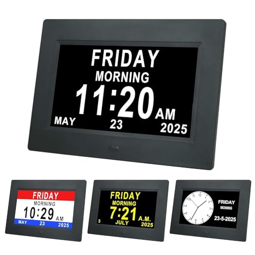 TMC 7 Inch Digital Clock with Day and Date for Elderly - 12 Alarm Options, Auto-Dim, Age Seniors,Elderly, Alzheimer - color: 7"-12 Alarm-black