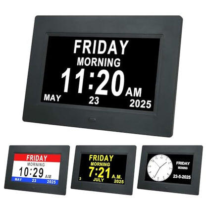 TMC 7 Inch Digital Clock with Day and Date for Elderly - 12 Alarm Options, Auto-Dim, Age Seniors,Elderly, Alzheimer - color: 7"-12 Alarm-black