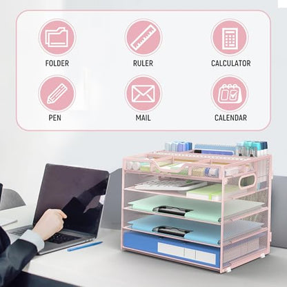 Docnest 5 Tier Mesh Desk Organizer with Removable Tray&Pen Holder, Pink - color: Pink, size: 12.6"x9.1"x10.3"