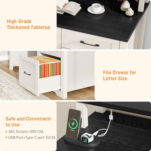 Vabches 47" Farmhouse Executive Desk with 3 Drawers and LED Lights, Black - color: Black, size: 3 Drawers & Monitor Stand