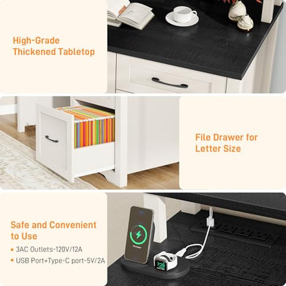 Vabches 47" Farmhouse Executive Desk with 3 Drawers and LED Lights, Black - color: Black, size: 3 Drawers & Monitor Stand