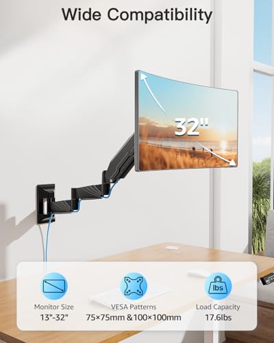 Long Arm Monitor Wall Mount for Max 32 inch Computer Screen, Extra Long Adjustable Single Wall Mount Monitor Arm, Full Motion Vesa Wall Bracket 100x100, Hold up to 17.6lbs, Black - size: Single Wall Mount