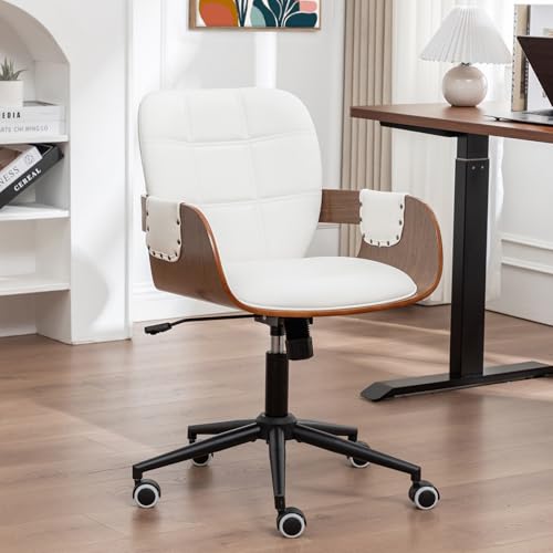 Mid Century Modern Executive Office Chair, Faux Leather Desk Chair, Walnut | Ergonomic Curved Back, Bentwood Frame, 360° Swivel & Rocking Function, Height Adjustable 19"-23", Support Up to 350 lbs - color: Walnut White