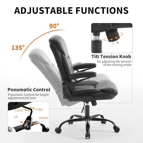 Ergonomic Home Office Chair PU Leather Comfy Computer Chair, Black | Flip-up Armrest, Height Adjustable, Lumbar Support, 360° Swivel Wheels Managerial Executive Chairs for Work Gaming Home Use - color: Black
