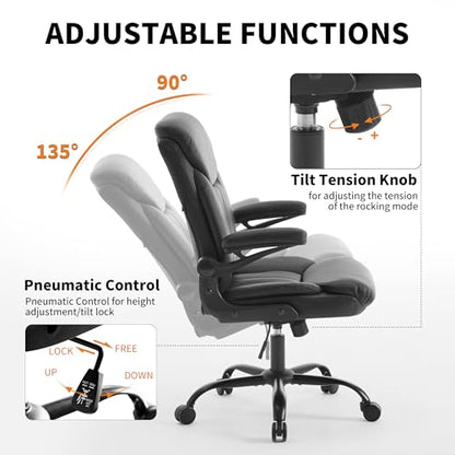 Ergonomic Home Office Chair PU Leather Comfy Computer Chair, Black | Flip-up Armrest, Height Adjustable, Lumbar Support, 360° Swivel Wheels Managerial Executive Chairs for Work Gaming Home Use - color: Black