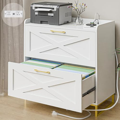 Vabches 2 Drawer Lateral File Cabinet with Charging Station, White and Gold - color: White