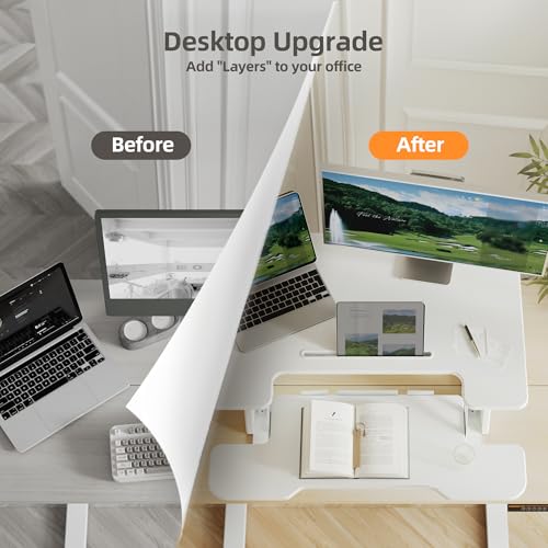 Claiks Standing Desk Converter 36In Height Adjustable Sit Stand Riser White | 5.9-17.3 inch height range, 33 lbs desktop capacity, ergonomic Z-lift structure, smooth pneumatic lift - color: White, size: 36 inch