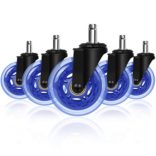 Hirate 3" Office Chair Caster Durable PU Wheel Replacement Set of 5 Blue | Universal Stem 11mm (7/16"x7/8"), Smooth Rolling for Computer Home Desk Chairs, Mute Roller Safe for Hardwood Carpet Floor - color: Blue, size: 3 inch