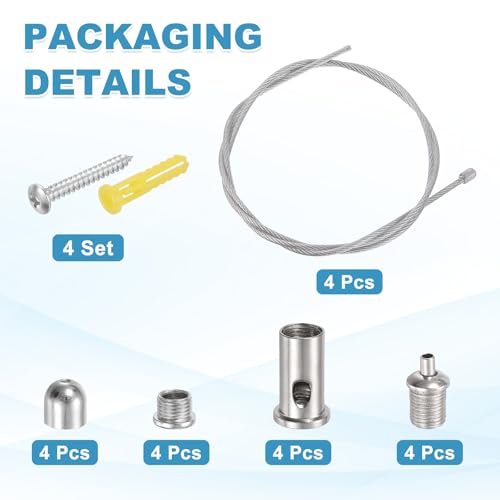 uxcell 4Set Ceiling Hanging Wire Cable Kit, 2.6ft Top Adjust Adjustable Hanging Wire Rope Suspension with Mount Screw Kit for Pendant Chandelier Ceiling LED Panel Light, Chrome - color: Chrome, size: 2.6ft