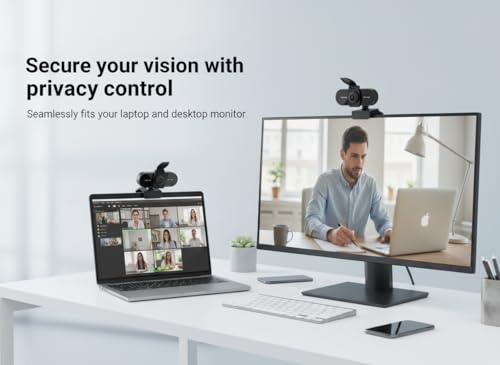 4K HD Webcam with Microphone, Noise Cancellation, Privacy Cover, Wide-Angle Lens, Auto Light Correction, Plug & Play USB Webcam for Laptop, Desktop, PC, Mac, Zoom, Skype, Streaming