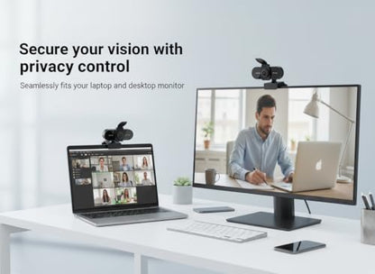 4K HD Webcam with Microphone, Noise Cancellation, Privacy Cover, Wide-Angle Lens, Auto Light Correction, Plug & Play USB Webcam for Laptop, Desktop, PC, Mac, Zoom, Skype, Streaming