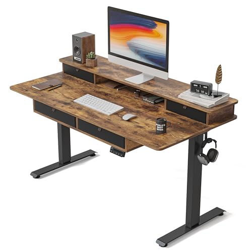 FEZIBO 48 x 24 inch Standing Electric Desk with Drawers, Rustic Brown | Height Adjustable Workstation, Computer Sit Stand Up Office Table with Large Storage Shelf, 4 Drawers and 2 Hooks - color: Rustic Brown, size: 48 inch without Keyboard Tray
