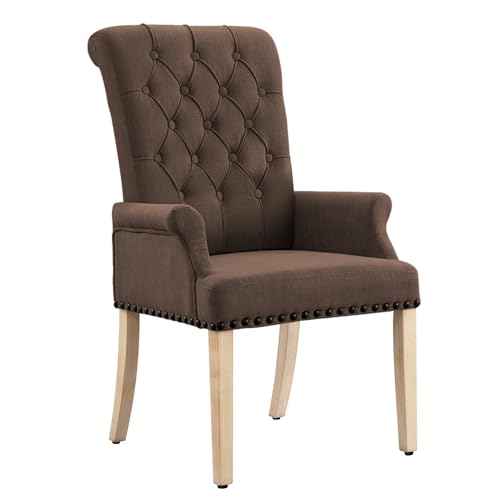 LOULENS Linen Dining Chair with Arms, Tufted Dining Room Chairs, Brown | Solid Wood Legs, Nailhead Trim, Accent Chair, Kitchen Chair - color: Brown-a, size: 1 PCS