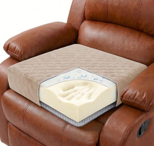 Medium-Soft 20x20x5 Memory Foam Recliner Chair Seat Cushion for Long Sitting - Armchair Pad with Washable Velvety Cover with Waterproof Layer & Non-Slip Base for Seniors & Elderly - Beige - color: Beige, size: 20x20x5"