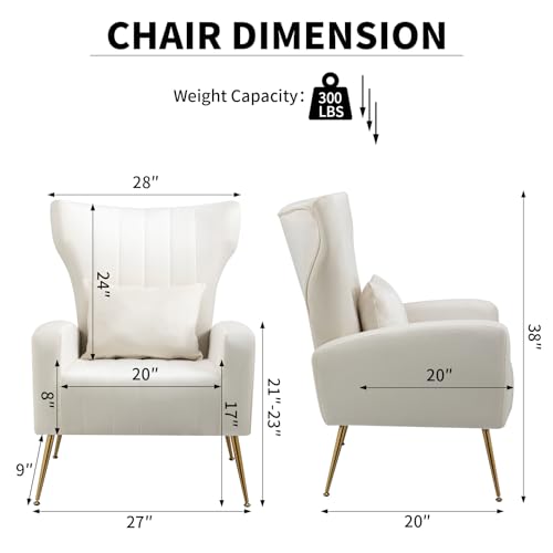 Velvet Accent Chair for Living Room Bedroom, Modern Arm Chair with Wingback & Gold Metal Legs, Lumbar Pillow Included, White - color: White, size: 1PC with Channel Tufted