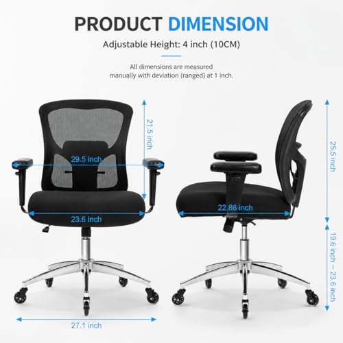 Big and Tall Office Chair 600lbs, Heavy Duty Ergonomic Mesh Chair, Computer Executive Desk Chair with Wide Thick Seat, Adjustable Armrests, Lumbar Support (Black, 600LBS) - size: 600LBS