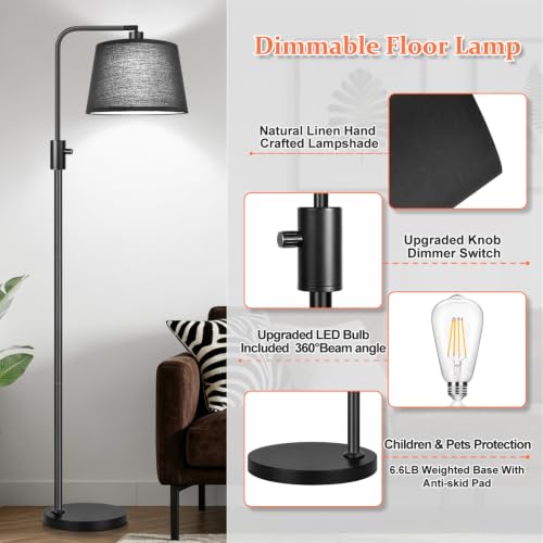 Nintiue [Upgraded] Dimmable Floor Lamp, 1000 Lumens LED Edison Bulb Included, Black Shade, Modern Arc Standing Tall Floor Lamp for Living Room Bedroom Office Dining Room - color: Matte Black-Black Linen Shades
