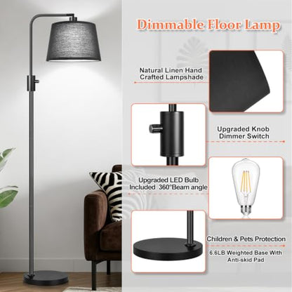 Nintiue [Upgraded] Dimmable Floor Lamp, 1000 Lumens LED Edison Bulb Included, Black Shade, Modern Arc Standing Tall Floor Lamp for Living Room Bedroom Office Dining Room - color: Matte Black-Black Linen Shades