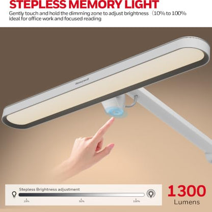 Honeywell 05B02 LED Desk Lamp with Clamp, Task Lamp for Home Office | Sunturalux Natural Daylight, CRI≥97 1300LM 4000K, RG0 Low Blue Light, Flicker-Free, Full Metal Clip On Lamp for Study Work