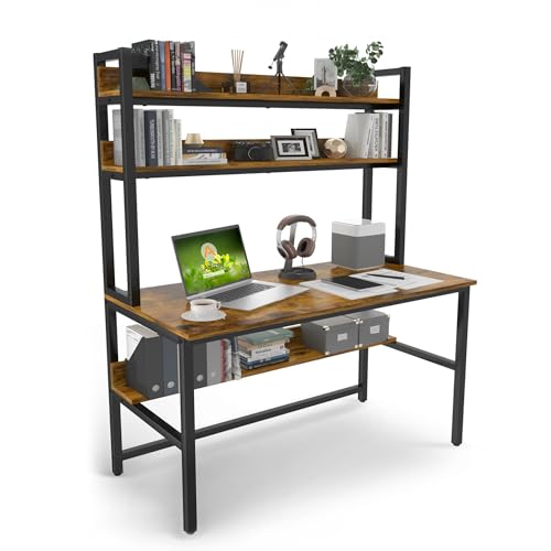 Aquzee Computer Desk with Shelves, 47“W x 23.6" D Desk with Hutch | Tall Home Office Desk with Bookshelf, Study Table with Upper Storage Shelf for Study Writing/Workstation, Brown - color: Brown, size: 47inch