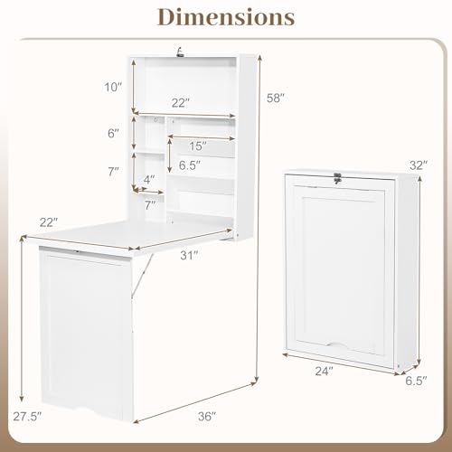 Tangkula Folding Wall Mounted Desk, Convertible Fold Out Floating Table with Storage Shelves, Space-Saving Drop Leaf Table, Murphy Desk for Craft, Study, Small Spaces, Home Office, Dorm, White - color: White