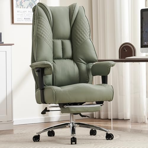 EXCEBET Big and Tall Office Chair 400lbs Wide Seat, Leather High Back Executive Office Chair with Foot Rest, Ergonomic Chairs Lumbar Support for Lower Back Pain Relief (Light Green) - color: Light Green