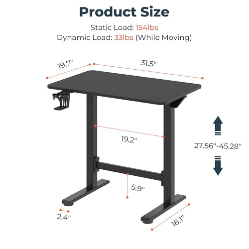 32''Pneumatic Standing Desk,Onepiece Adjustable Height Home Office | Black 31.5''x19.7'' Small Home Desk Rolling Computer Workstation with Hooks & Cup Holder,Hidden Casters - color: Black, size: 3220