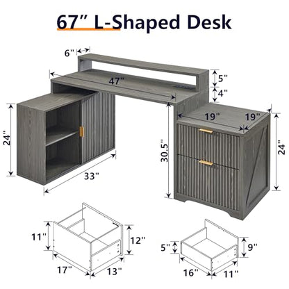 67"Modern Desk with Cabinet & 2 Drawers, Fluted Office Desk Built‑in Outlet - color: Grayish Green, size: 33"D x 67"W x 35.5"H