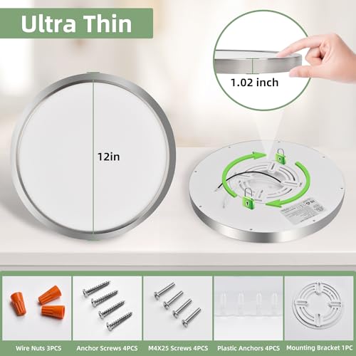 hykolity 12 Inch Selectable CCT LED Round Flat Panel Light,2 Pack | 24W 3000K/4000K/5000K, Edge-Lit Flush Mount Ceiling Light Fixture for Kitchen, Bedroom, Laundry and Closet Room,Brush Nickel - color: Brush Nickel, size: 12 inch