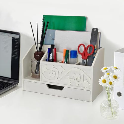 White Wooden Mail Organizer with Drawer, Three Tiered Desk Accessories for Office Organization and Storage, Stylish Countertop Document Storage, Home/Office/Classroom Supplies (White01) - style: White01