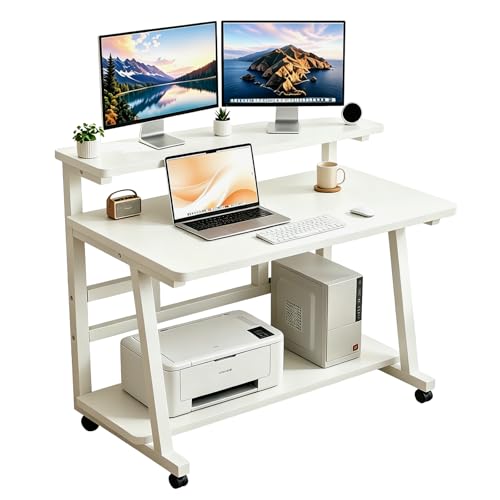 39.4 Inch Compact Rolling Computer Desk with Tier Worktable & Lockable Wheels, Small Computer Desk, Small Desk for Bedroom, Mobile Writing Workstation Easy Assembly for Home Office Small Spaces - color: Color: Frame：white/Board：white, size: 39.4“*19.7''