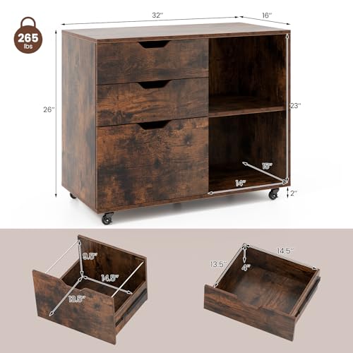 LOKO 3-Drawer File Cabinet, Rolling Lateral Filing Cabinet (Rustic Brown) - color: Rustic Brown