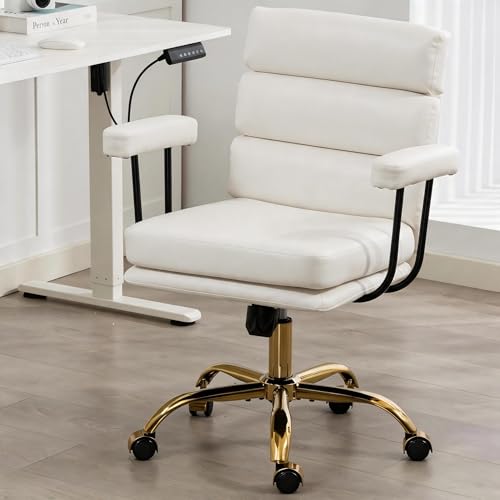 Faux Leather Home Office Desk Chair, Gold Base Makeup Vanity Chair with Wheels, Padded Seat and Armrests, Adjustable Height Swivel Executive Computer Chair, White - color: White