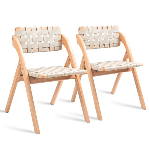 Folding Dining Chairs Set of 2 | Wooden Foldable Chair with Leather-Woven Backrest and Widened Seat Extra for Guests Kitchen Office Wedding Picnic Ivory-White - color: Ivory-white With Leather Strap, size: 2PCS