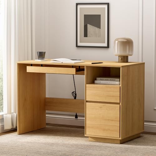 Farmhouse Computer Desk with File Drawer, 47" Executive Desk with Charging Station and Open Storage Compartment Wood Home Office Desk for Writing Study Working, Matural Oak - color: Natural Oak, size: 21.7"D x 47"W x 29.9"H