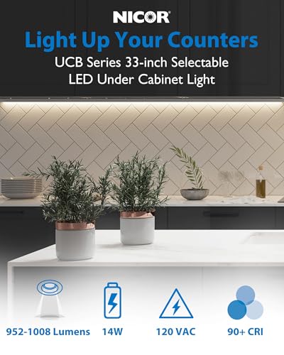 33” LED Direct Wire Under Cabinet Light - Undercounter LED Lights for Kitchen - Selectable CCT 2700K-5000K, 952-1008 Lumens, 14W - UCB Series Hardwired Under Cabinet Lighting by NICOR Lighting - size: 33, style: No Switch